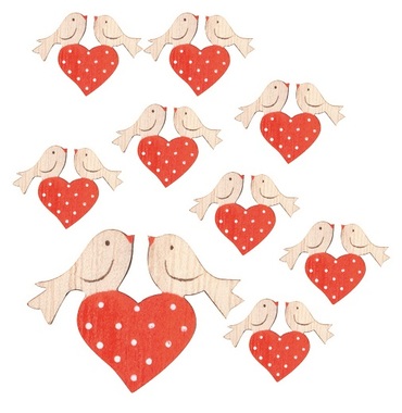 Heart with Birds with Sticker, Wooden 4 x 3 x 0,3 cm, 24 pcs in a box