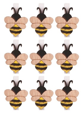 Wooden Bee on a Clip 3 x 4,5 x 0,3 cm, 9 pcs in a bag
