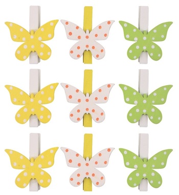 Wooden Butterflies on a Peg, 3 colors, 3 x 3 x  0,3 cm, 9 pcs in a bag