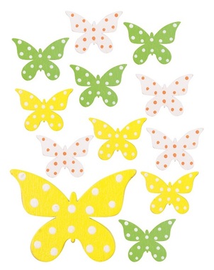 Wooden Butterflies with Sticker, 3 colors, 4 x 3  x 0,3 cm, 12 pcs in polybag