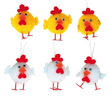 Hens, 6,5 x 4 x 3 cm, 3 pcs in box, plush, yellow-red, white-red