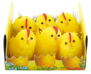 Easter Chicken 2,5 x 4 x 3 cm with Feather, 6 pcs Box