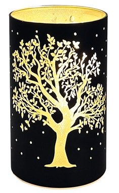 Világító üveghenger fa motívummal - fekete, o 9 x 15 cm, meleg fehér, 10 LED, időzítő