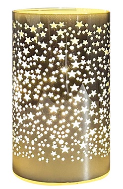 Világító üveghenger csillagokkal - arany, o 9 x 15 cm, meleg fehér, 10 LED, időzítő
