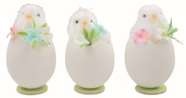Fehér csirke héjában díszítésekkel 6 x 11 x 6 cm állványon