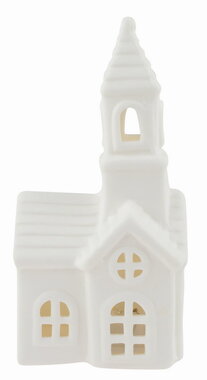Világító porcelán templom 6,5 x 13 x 5,5 cm, meleg fehér, 1 LED, időzítő