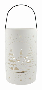 Világító porcelánhenger falusi motívummal, o 11 x 18 cm, meleg fehér, 1 LED, időzítő