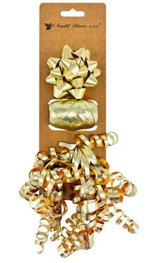 Gold Gift Wrapping Set, Rosette O 7 x 3.5 cm, Ribbon 0.5 cm x 10 m, Curl with Sticker