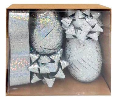 Gift Wrapping Set Silver, Rosette O 5 x 2 cm 4 pcs, Ribbon 0.5 cm x 10 m 2 pcs, Ribbon 2 cm x 2 m