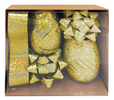 Gift Wrapping Set Gold, Rosette O 5 x 2 cm 4 pcs, Ribbon 0.5 cm x 10 m 2 pcs, Ribbon 2 cm x 2 m