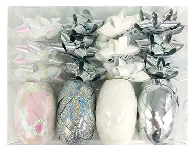 Gift Wrapping Set Silver, Rosette O 5 x 2 cm 12 ks, Ribbon 0,5 cm x 10 m 4 ks