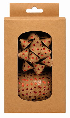 Ajándék csomagoló szett piros pöttyös, rozetta 6,5 cm 2 db, szalag 1 cm x 20 m 1 db