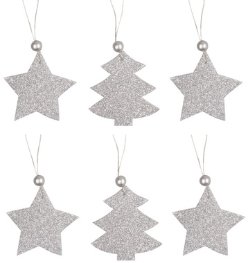 Decoration with Silver Glitters, for Hanging 7 x 7 x 0,5 cm, 6 pcs