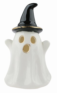 Világító porcelán szellem kalappal 7,5 x 13 x 7,5 cm, meleg fehér, 1 LED, időzítő