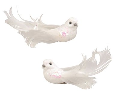 Birds on Clip White with Glitters 8 cm, 2 Pcs