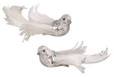 Birds on Clip Silver with Glitters 8 cm, 2 Pcs