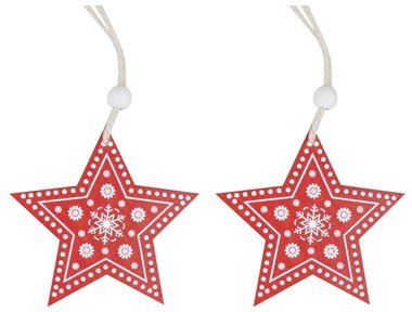 Fa csillagok akasztásra piros 8 cm, 2 db zacskóban