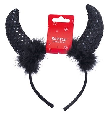 Hairband with devil horns and black feathers, 37 cm circumference