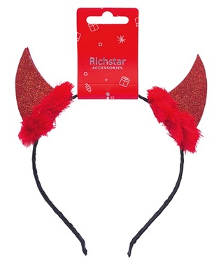 Hairband with devil horns made of felt with red fur, 37 cm circumference