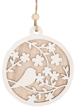 Hanging round Wooden decoration with a bird 12 x 13,5 x 0,5 cm