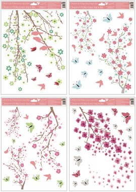 Self-Adhering Window Decoration 30 × 42 cm, Blossoming Branches with Glitter